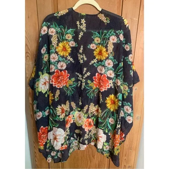Johnny Was bright floral print short cotton silk coverup kimono - Picture 2 of 8